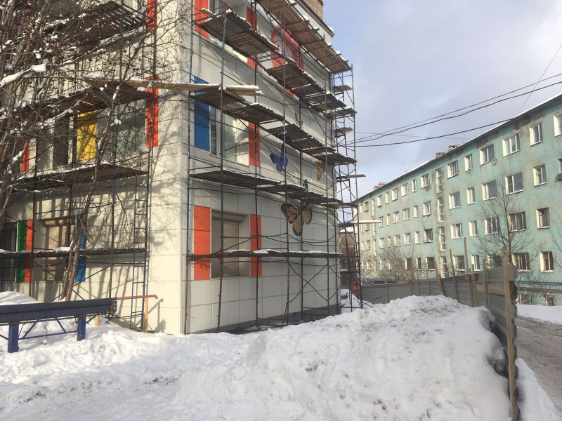 Бабочки "поселились" на фасаде детской поликлиники в Мурманске