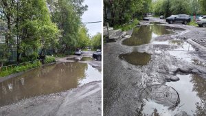«Уже отказываются приезжать такси»: двор на улице Хлобыстова в Мурманске круглый год тонет в лужах