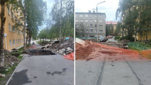 «Летать с коляской не умею»: двор дома в Кандалакше раскопали и завалили строительным хламом