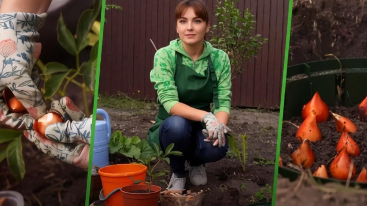 Женщина сажает тюльпаны