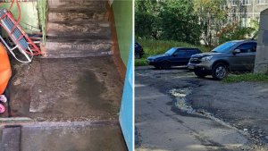 В подъезде лужи, канализация течет на улицу: дом на Гаджиева в Мурманске тонет в коммунальных ручьях