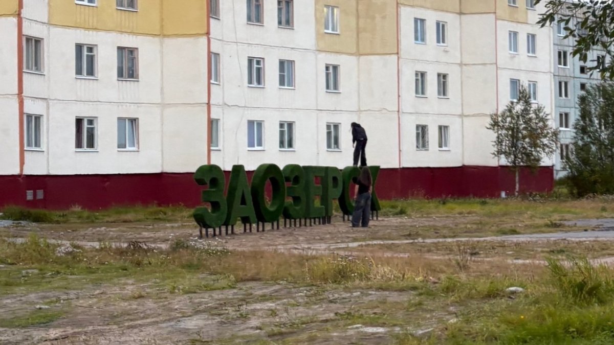 Дети стоят на фоне топиарной фигуры летом возле дома.