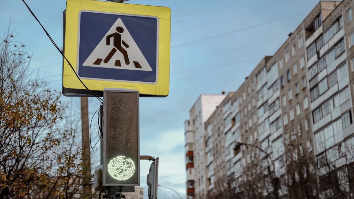 Горит зеленый светофор на пешеходном переходе осенью в городе.