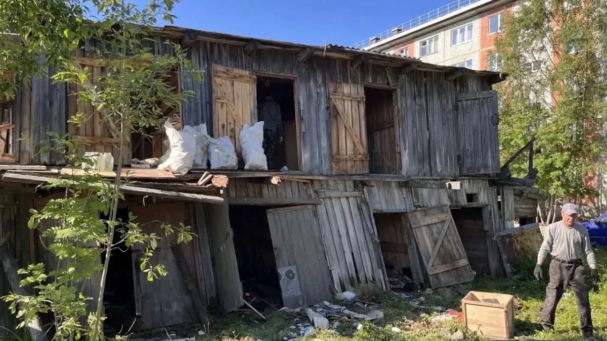 Старый полуразрушенный деревянный сарай стоит летом.