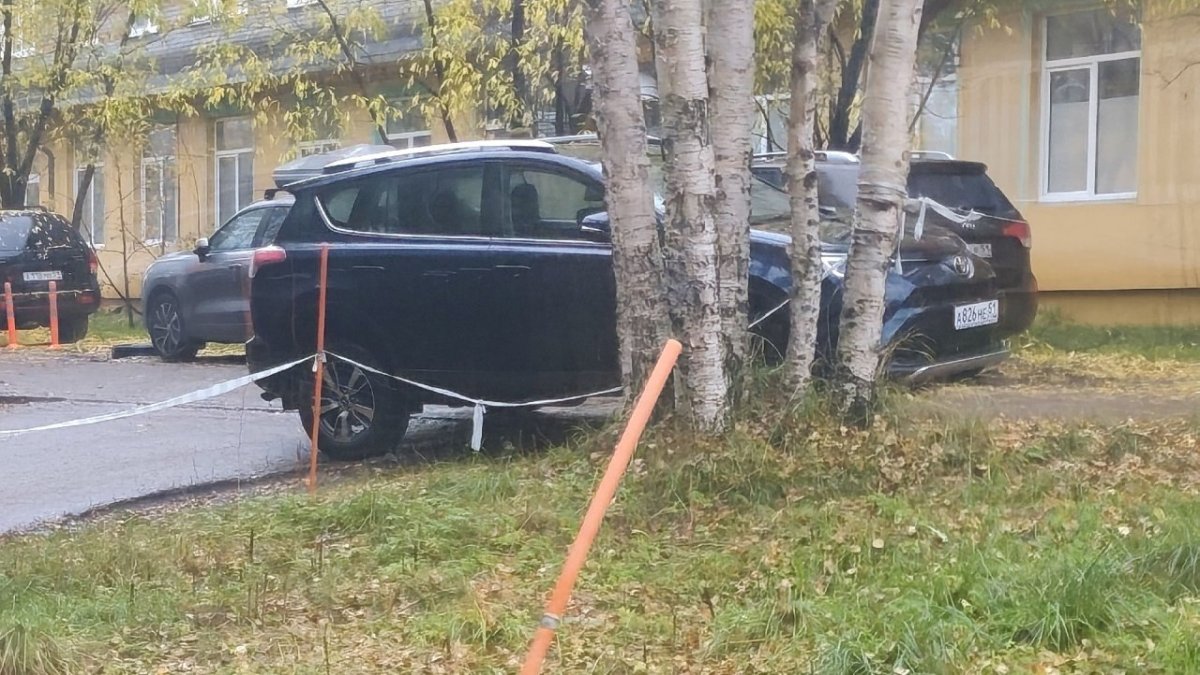 Машина стоит на зеленой траве газона во дворе.