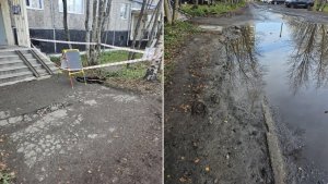 «Восемь прорывов за три месяца»: двор на улице Хлобыстова в Мурманске утопает в лужах