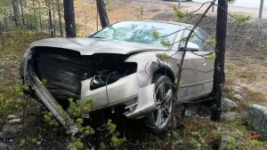 Чудом не врезалась в сосны: под Кандалакшей «Ауди» на скорости спикировала с трассы в кювет