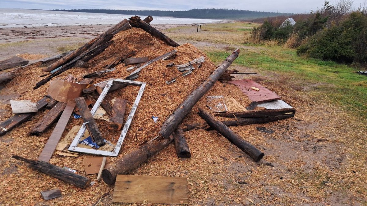 Бревна и доски лежат в большой куче на побережье моря осенью.