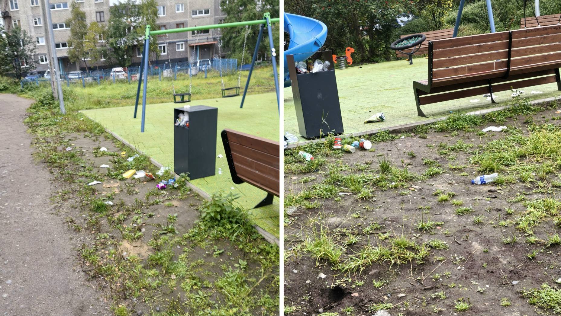 В мурманском дворе на пр. Кольском мусор разлетается по детской площадке — урны переполнены