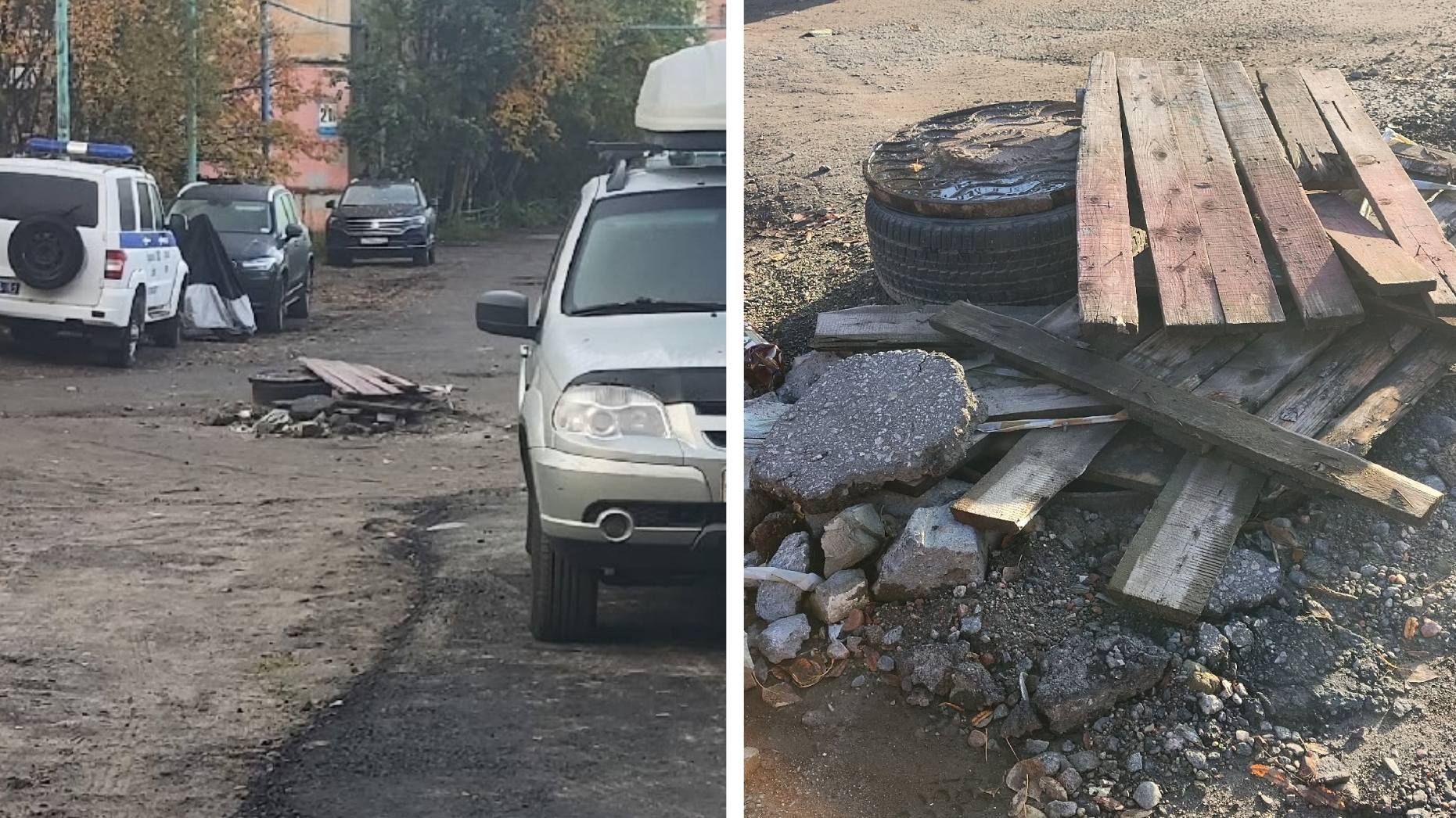 В мурманском дворе люк канализации прикрыли досками, камнями и шиной