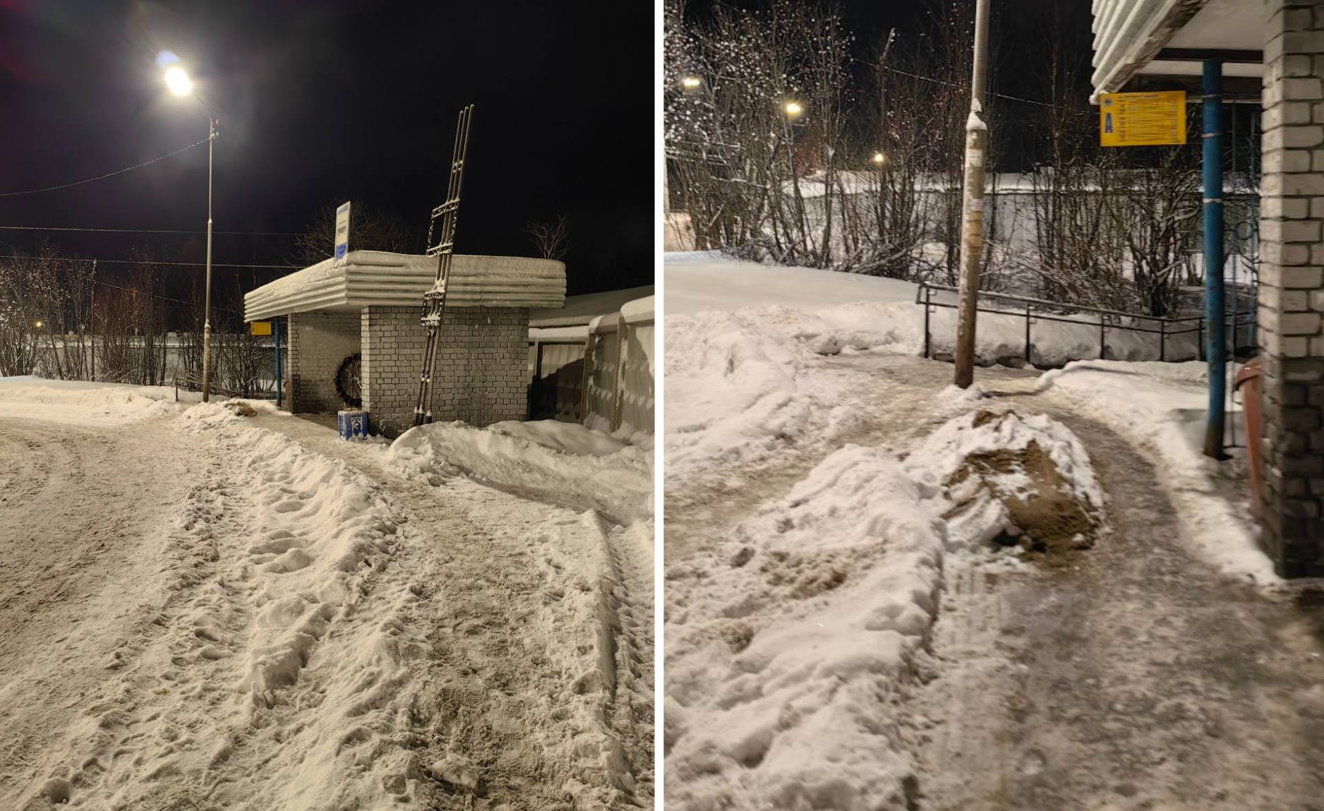 Автобусная остановка в Мурманске встречает пассажиров кучей песка на тротуаре и сугробами