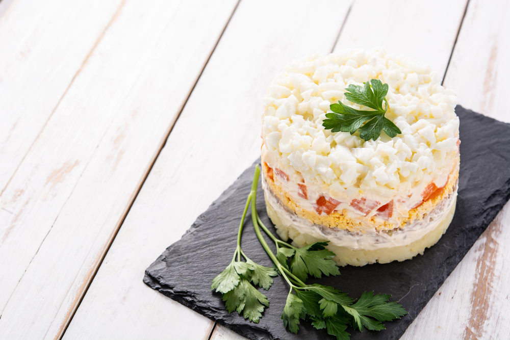 Неоливье: новогодний салат слоями с 4 видами мяса — сытно, оригинально, эффектно