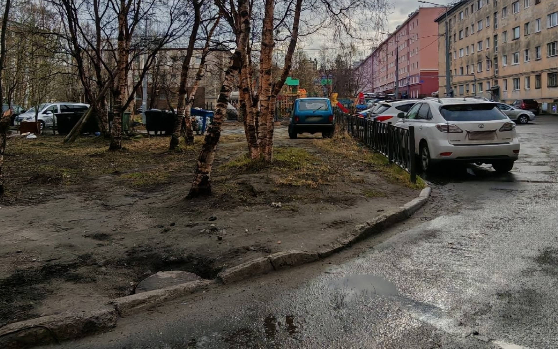Березу сломали, виновных нет: на улице Шмидта в Мурманске палисадник превратили в автостоянку