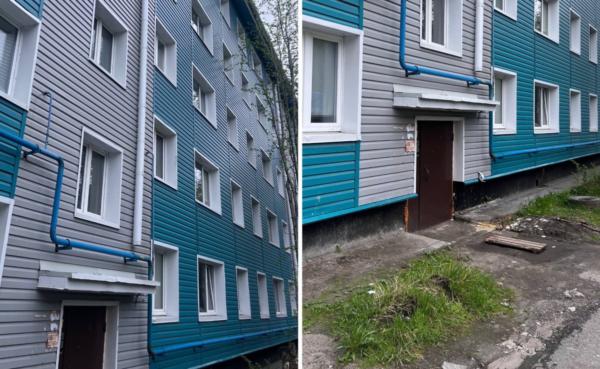 Труба обрывается у окон: на Свердлова в Мурманске недоделанный водосток два года топит подъезд