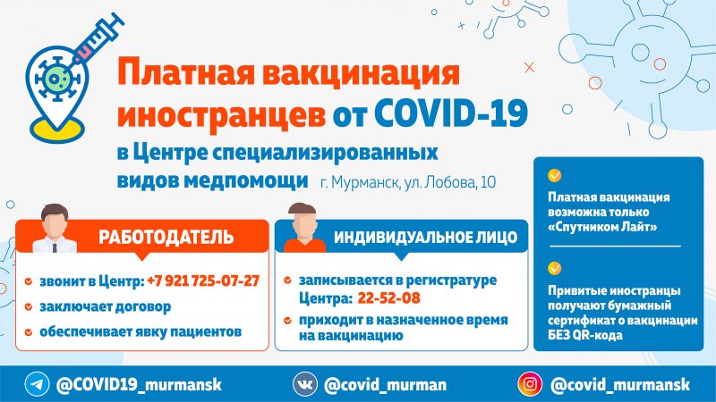 Только платно привиться против COVID-19 смогут иностранцы в Мурманской области Только платно привиться против COVID-19 смогут иностранцы в Мурманской области