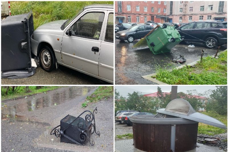 На машины раскидало мусорные баки ветром в Кировске