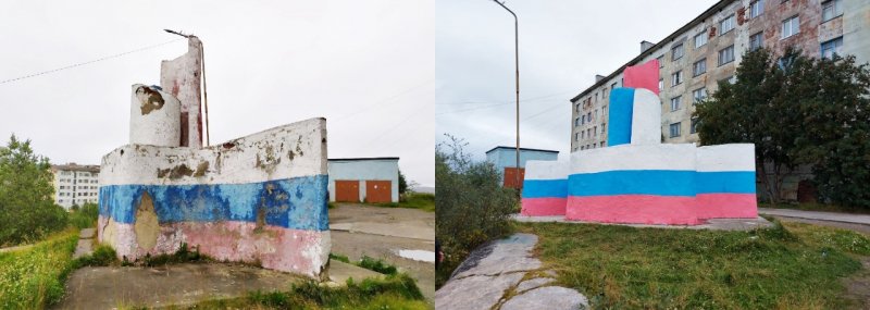 Стелу с триколором восстановили в Полярном